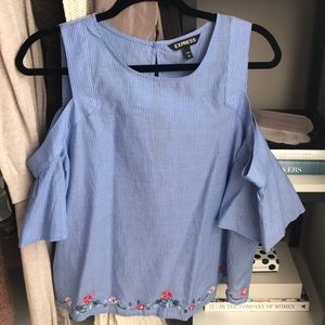 Cold shoulder blue strip top with floral detail
